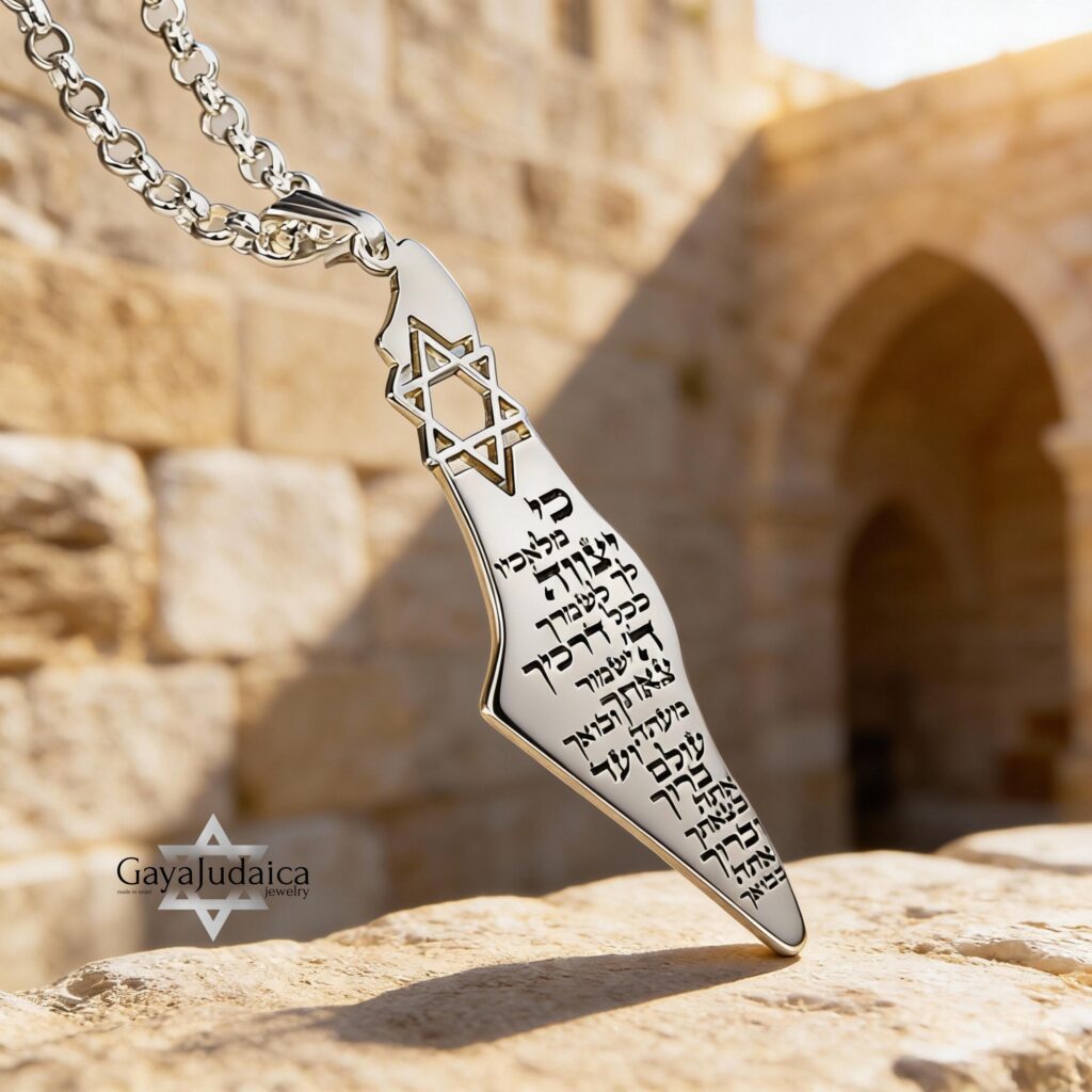Israel map necklace engraved with a Bible verse in a Jerusalem stone archway